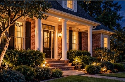 A Hampton Roads home lit up at dusk